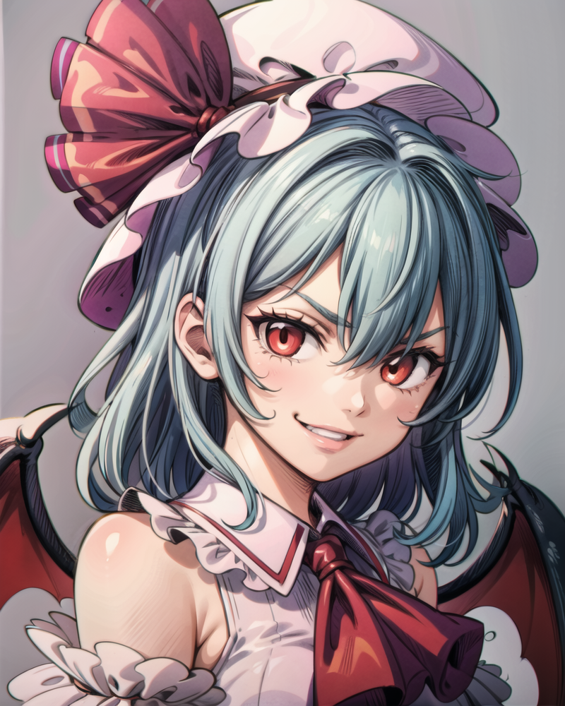 00015-2556780374-_lora_remilia_1_,1girl,pink dress,mob cap,ribbon,blue hair,red eyes,evil smile,bow,ascot, bat wings,grey background, (kbxll_0.8).png